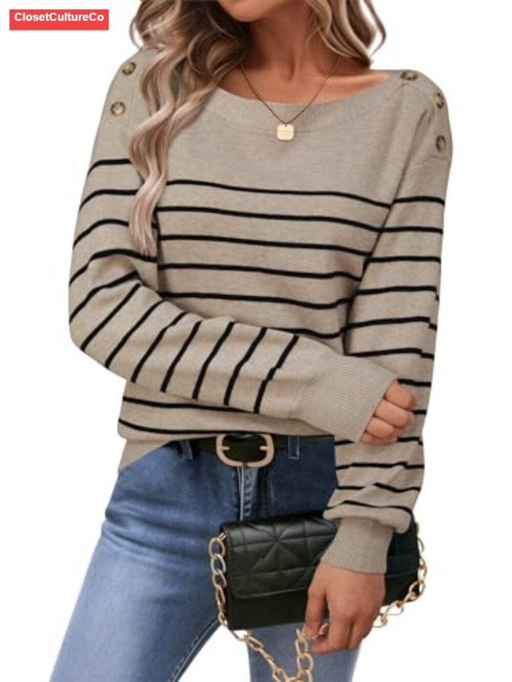 Wool Blend Striped Boat Neck Pullover Sweater Button Shoulder